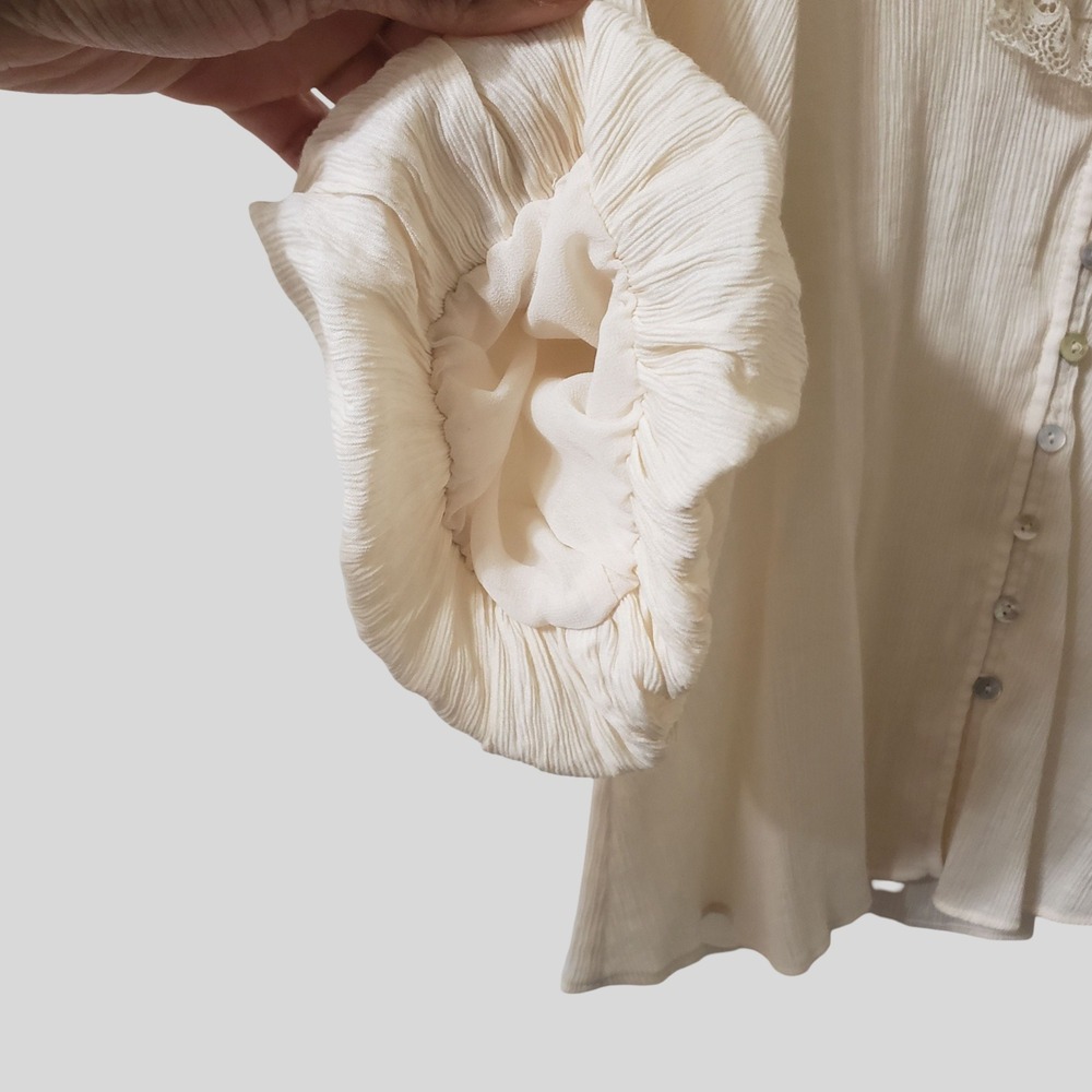 Zara Womens Cream Lace Ruffle V-Neck Button Front Balloon Sleeve Blouse Small - Picture 4 of 12
